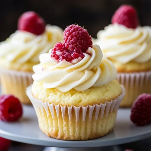 A cupcake topped with a fresh raspberry.