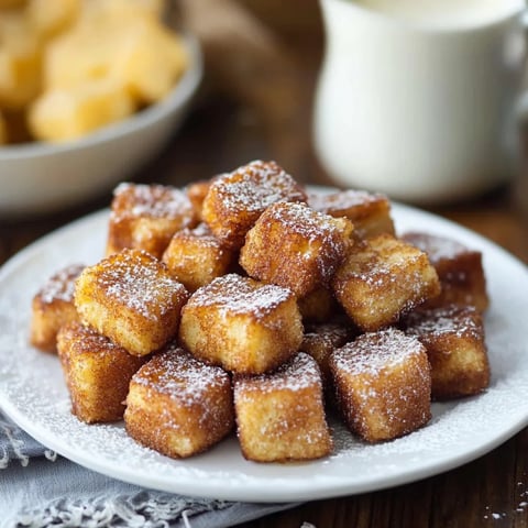 A bowl of sugary toast chunks resting on a table.