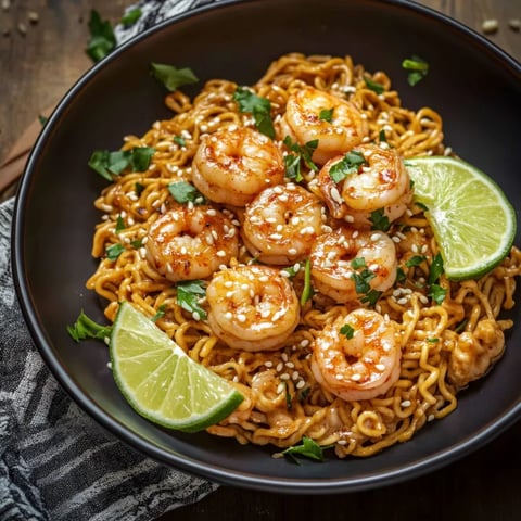 A cozy bowl of noodles and shrimp.