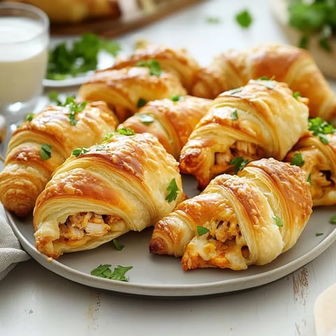 A plate stacked with crescents filled with chicken and cheese.