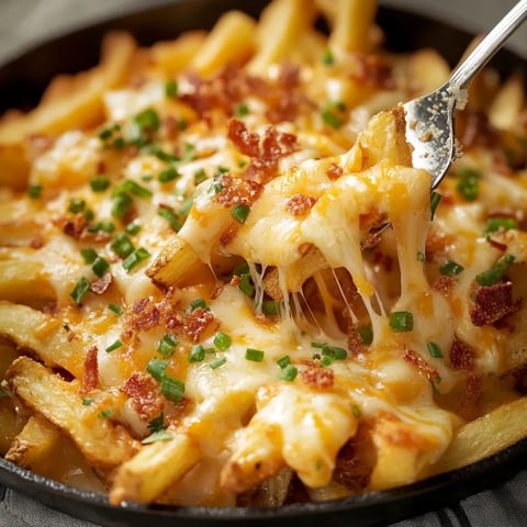 Close-up shot of fries with melted cheese.
