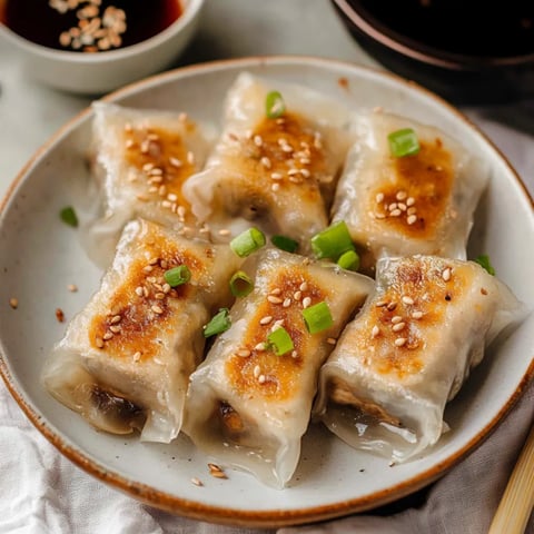 A dish of dumplings served with dipping sauce.