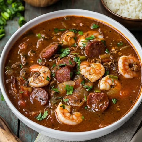 A hearty bowl of gumbo with shrimp and sausage.