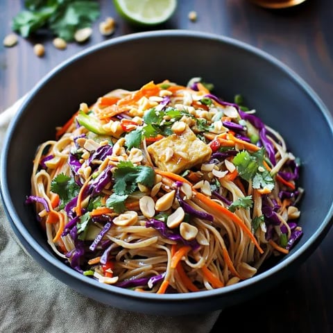 Noodles with mixed veggies and crushed nuts in a bowl.