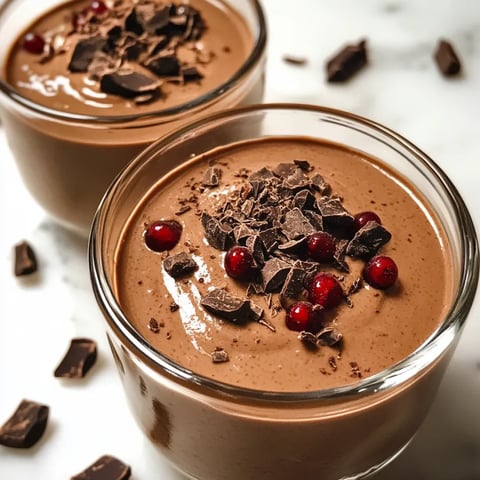 Two chocolate-filled glasses garnished with berries and chips.