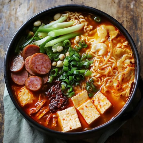 A warm stew with noodles, tofu, and veggies.