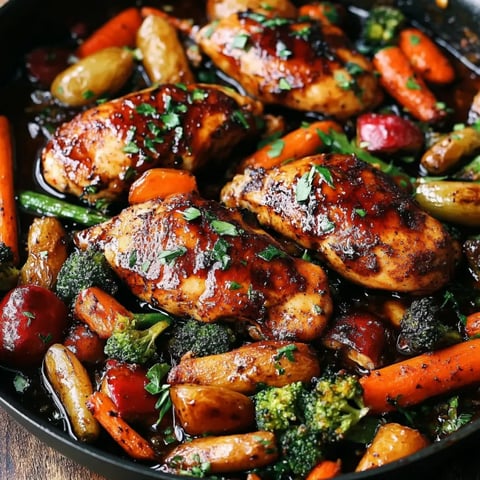 A roasted chicken and vegetable meal on a sheet pan.