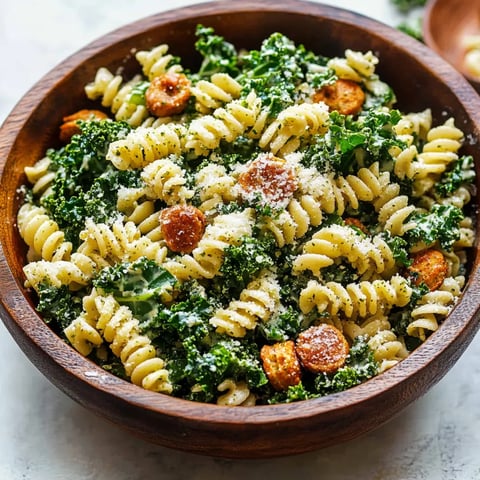 A bowl of pasta loaded with kale and crunchy chickpeas.