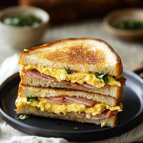A sandwich filled with egg, ham, and melted cheese, served on a plate.