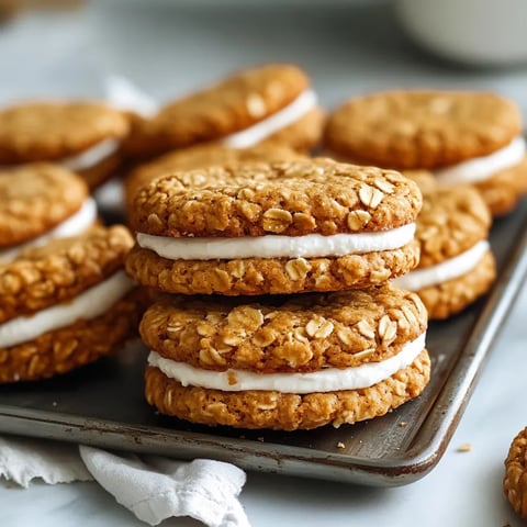 A tower of cookies with creamy frosting oozing out.