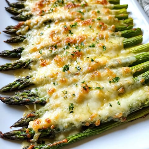 Cooked asparagus loaded with melted cheese.