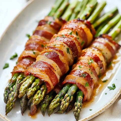 Crispy bacon wrapped around asparagus on a fancy plate.