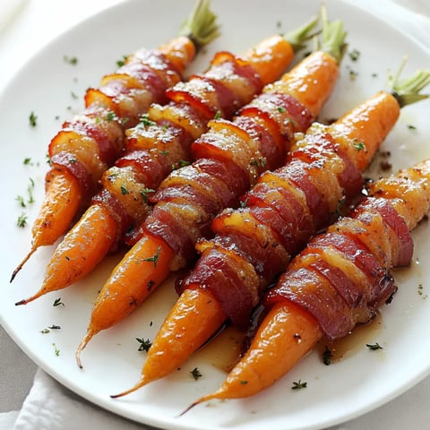 Carrots wrapped with crispy bacon on a plate.