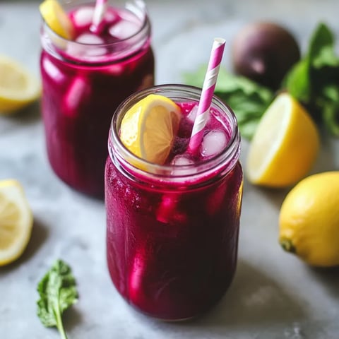 Two glasses filled with bright red lemonade, topped with lemon slices.