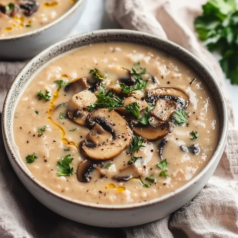 A bowl of soup with mushrooms and herbs.