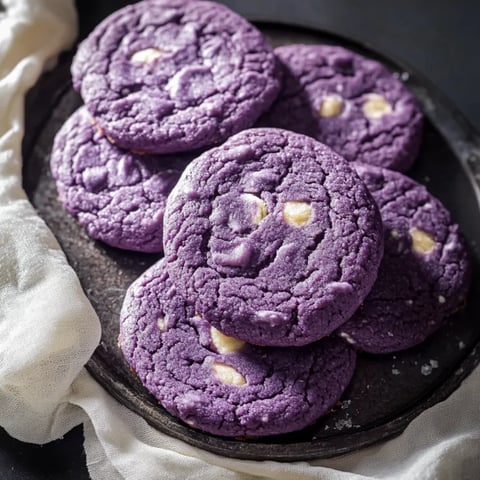 A plate of purple cookies with white frosting.