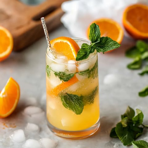 A glass of orange juice with a mint garnish.