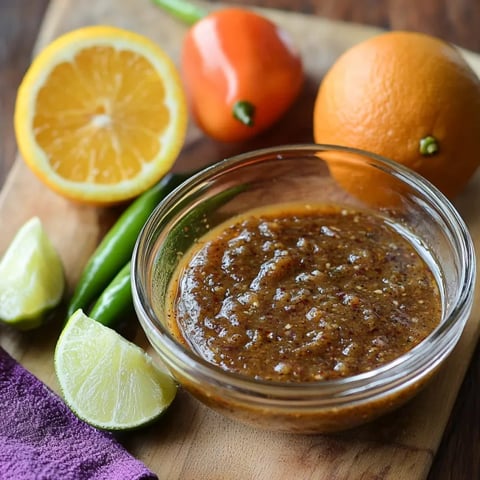 A bowl of sauce with a slice of lemon on a cutting board.