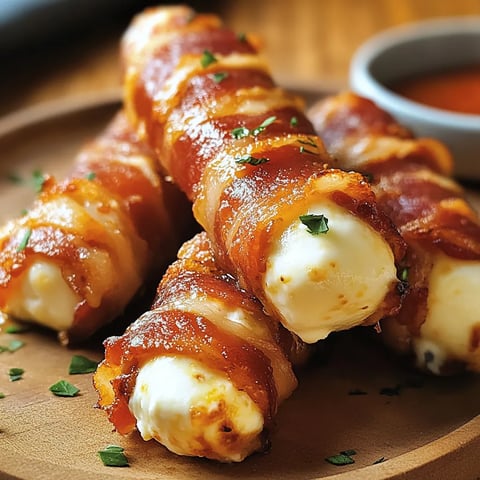 Bacon wrapped cheese sticks on a wooden platter.
