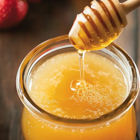 Honey dripping into a jar.