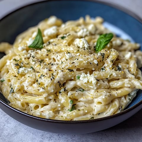 A bowl of pasta with cheese and herbs.