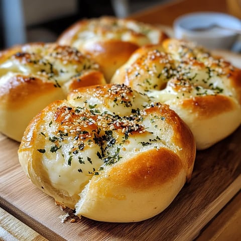 A dish of golden bread stuffed with cheese and topped with fresh herbs.