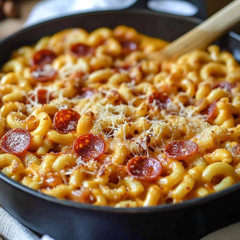 Creamy macaroni topped with pepperoni in a bowl.