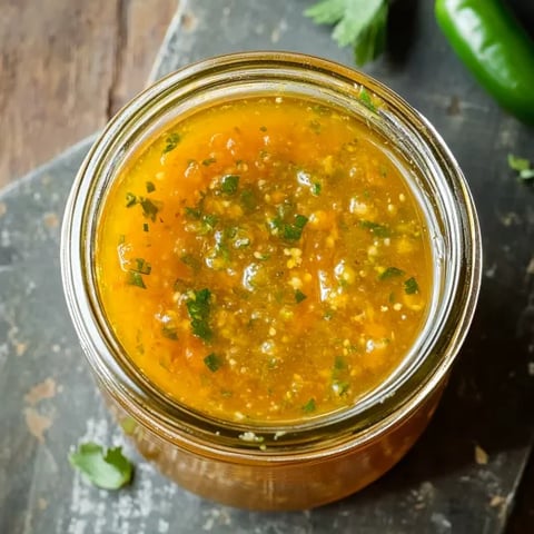 A jar of sauce with green herbs in it.