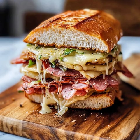 A sandwich with meat and cheese on a wooden cutting board.