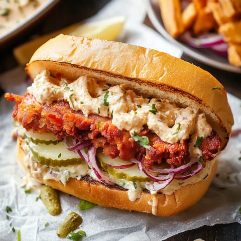 A sandwich with chicken, onions, and pickles.