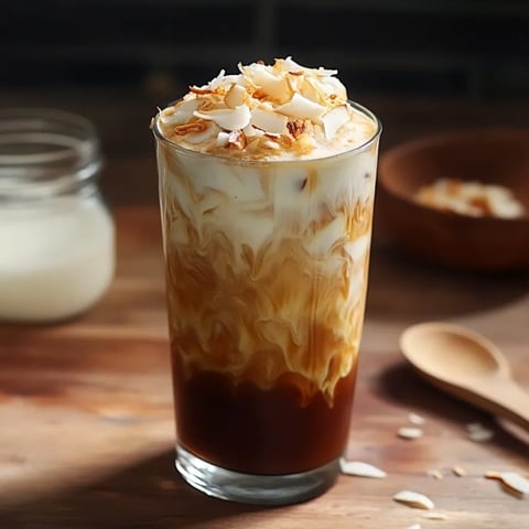 A glass of coffee with coconut on top.