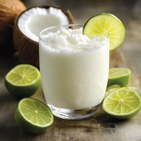 A glass of coconut milk with lime slices on a table.