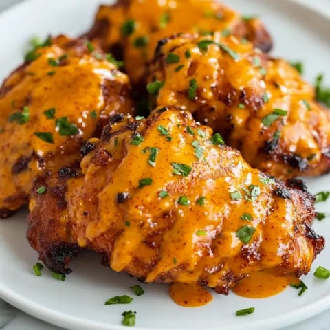 A serving of crispy chicken thighs with sauce.