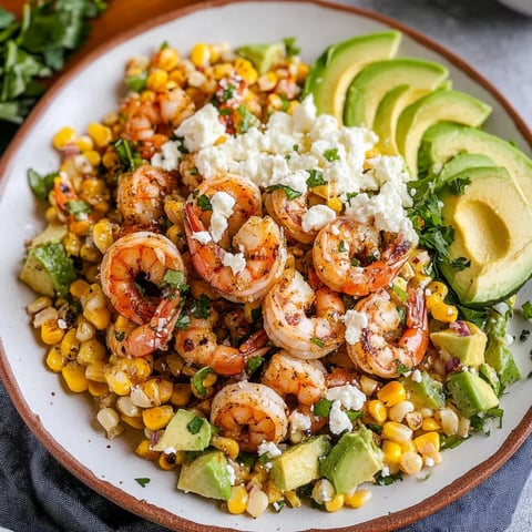 A colorful dish with shrimp, corn, avocado, and cheese.
