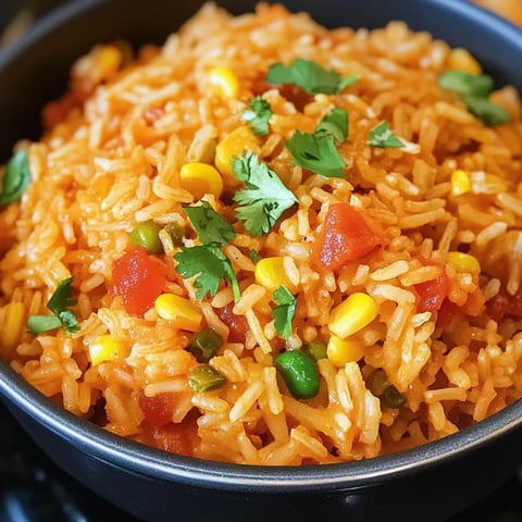 A serving of rice with colorful peppers and corn.