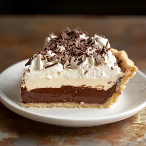 A slice of pie with chocolate and whipped topping.