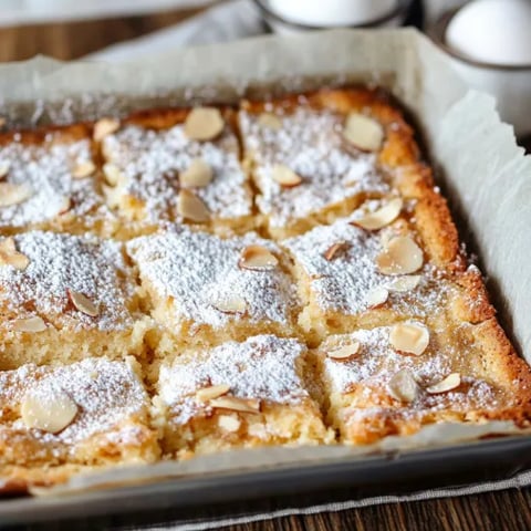 Almond-topped cake sprinkled with powdered sugar on a tray.
