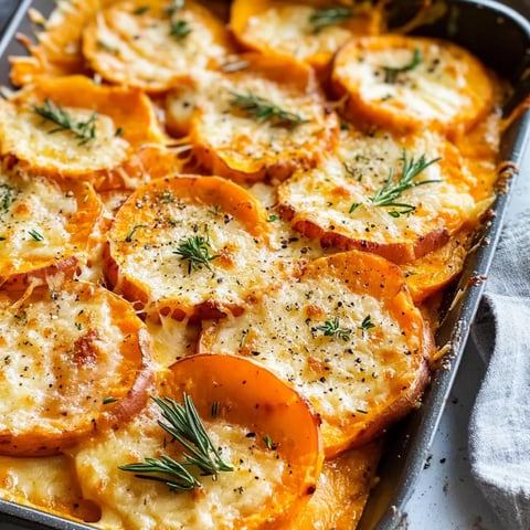 A bubbling bake featuring cheesy sweet potatoes and caramelized onions.