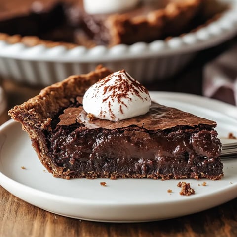 Cream-topped slice of rich chocolate pie.
