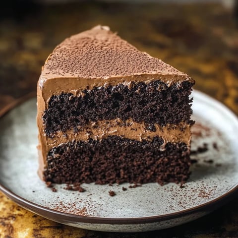 A single slice of moist chocolate cake on a white plate.
