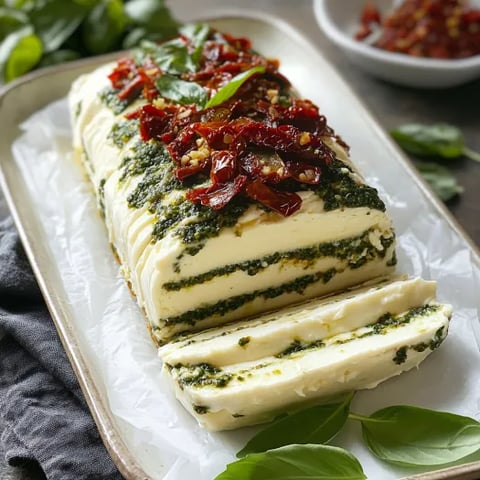 Close-up of neatly layered creamy cheese with pesto and tomatoes on top.