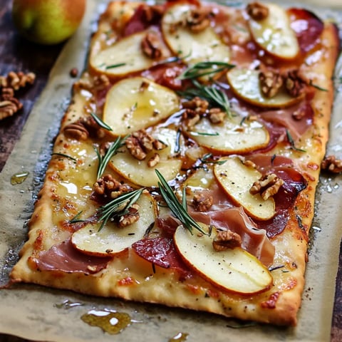 Flatbread topped with pears and walnuts.