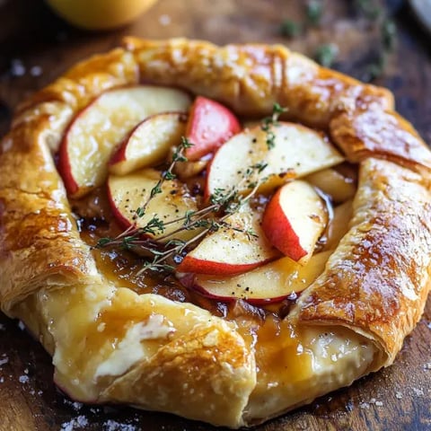 Golden baked pastry topped with apples and fresh herbs.