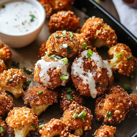 A bowl of crispy cauliflower bites next to a white dip.
