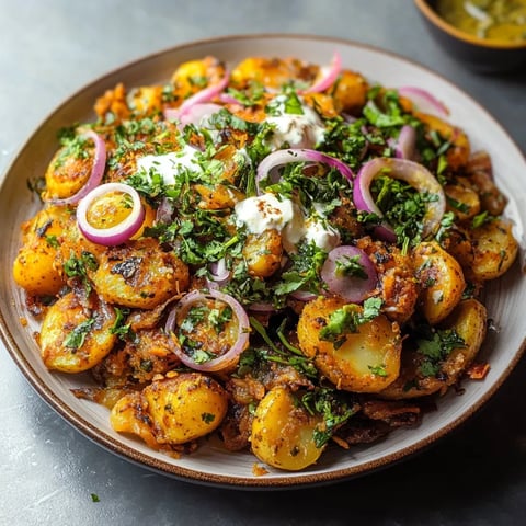 Plate with golden potatoes and onions.