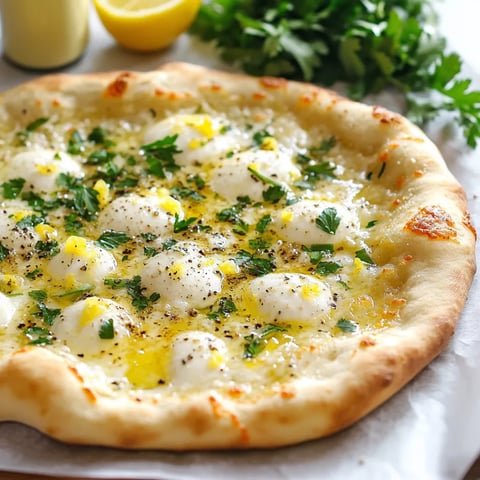 Cheesy pizza topped with fresh herbs and lemon slices.
