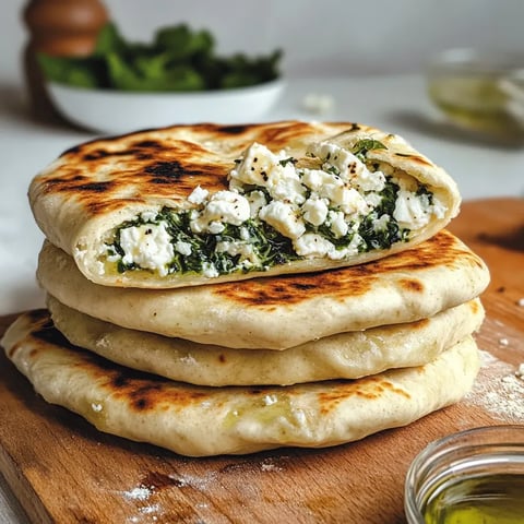 Golden flatbreads stuffed with spinach and crumbled feta, stacked on a plate.