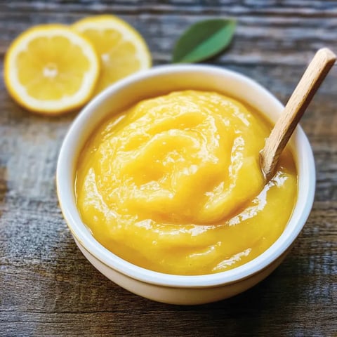A small bowl of bright lemon mix with a silver spoon.