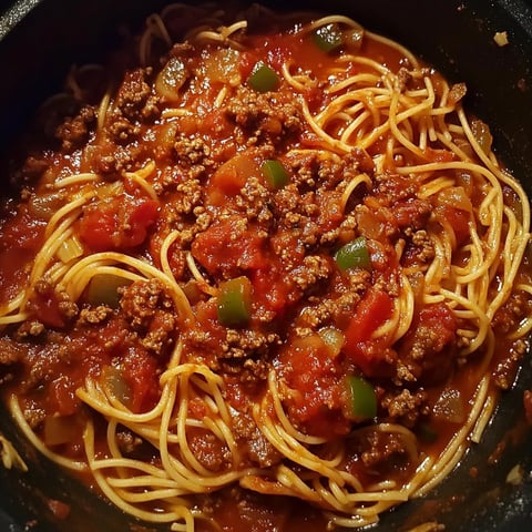 A pot of spaghetti topped with a rich meat sauce made of ground beef, tomatoes, garlic, and peppers.