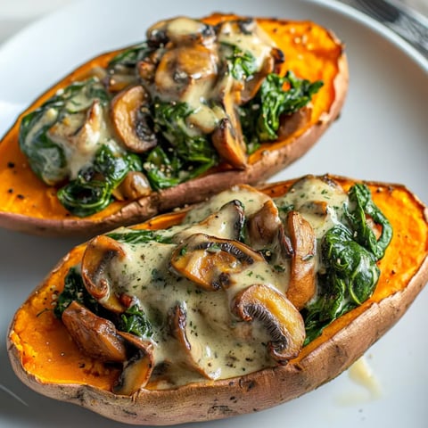 Slices of roasted sweet potato with mushrooms and spinach.